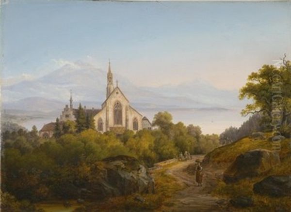 Blick Auf Eine Klosteranlage Uber Dem Vierwaldstattersee Oil Painting by August Christian Geist