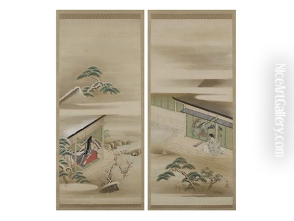 Seishonagon Oeno Masahira(a Pair Scroll) Oil Painting by Keikoku Gejo