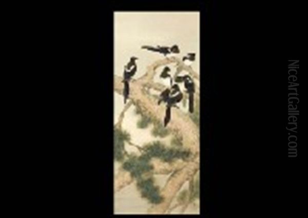 Pica Pica On The Old Pine Oil Painting by Ogata Gekko