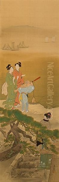 Beauties With A Boy Holding A Telescope Oil Painting by Ogata Gekko