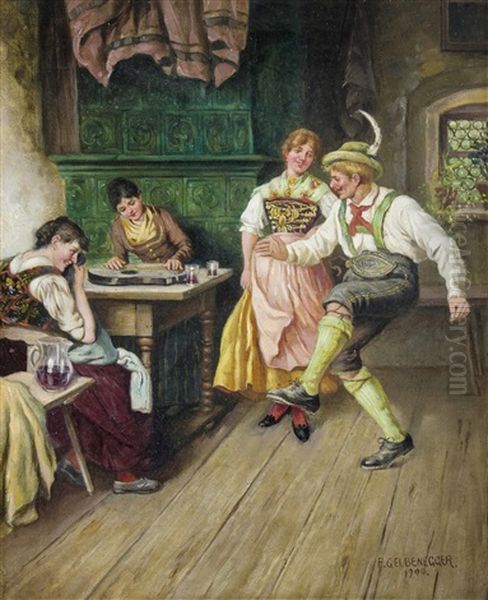 Zitherspielerin Und Tanzpaar In Der Stube Oil Painting by Franz Gelbenegger