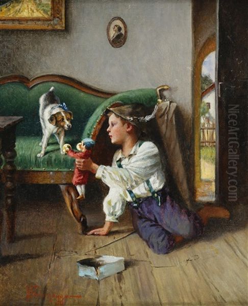 Spielender Junge Mit Hund Oil Painting by Franz Gelbenegger