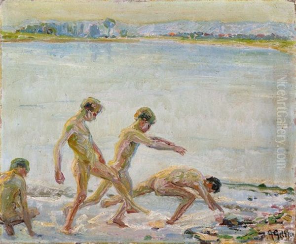 Laufende Jungen Am Wasser Oil Painting by Georg Hermann Gelbke