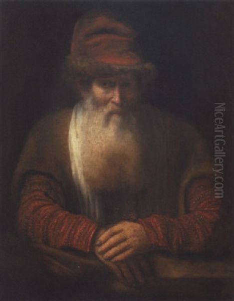 Portrait Of An Old Bearded Man, Wearing A Red Hat And A Brown Coat, Resting On A Ledge Oil Painting by Aert De Gelder