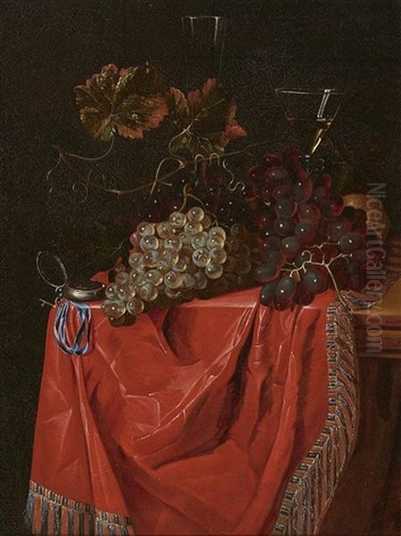 Still Life With Grapes, A Clock And Wine Glasses Oil Painting by Nicolaes Van Gelder