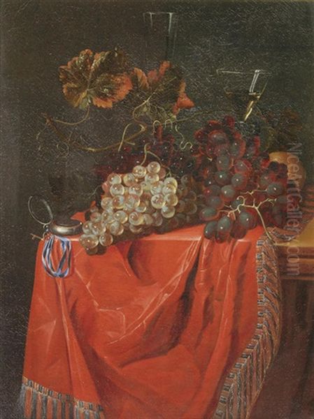 Grapes On A Draped Table With Glasses And A Clock Oil Painting by Nicolaes Van Gelder