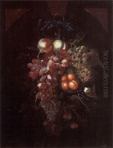 A Still Life Of Apples, Red And White Grapes, Peaches And Cherries Hanging From A Blue Ribbon, With A Butterfly, In A Niche Oil Painting by Nicolaes Van Gelder