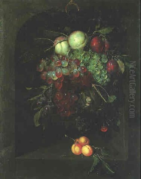 A Swag Of Fruit In A Stone Niche With A Bee Oil Painting by Nicolaes Van Gelder