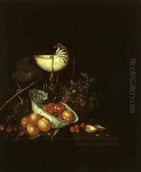 Still Life Of Fruit In A Wan-li Bowl With A Nautilus Shell And Wine Glass Oil Painting by Nicolaes Van Gelder