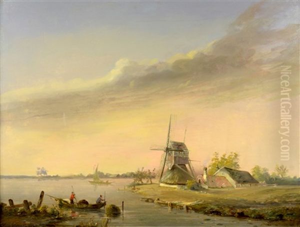 Seaside Landscape With A Windmill Oil Painting by Simon Van Gelderen