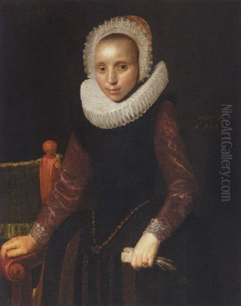 Portrait Of A Young Lady Wearing A Black Dress, With Purple Sleeves With And Elaborate Ruff And Headress Oil Painting by George Geldorp