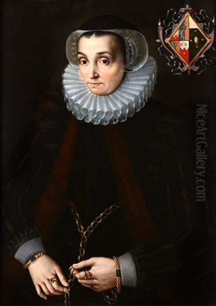 Portrait Of A Lady, Three-quarter Length, In A Black Dress And Fur-lined Coat, Lace Ruff And Cap With The Sitter's Coat-of-arms Oil Painting by Gortzius Geldorp