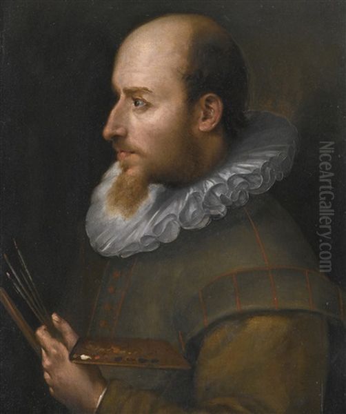 Portrait Of An Artist In Profile, Half-length, Holding Brushes And A Palette Oil Painting by Gortzius Geldorp