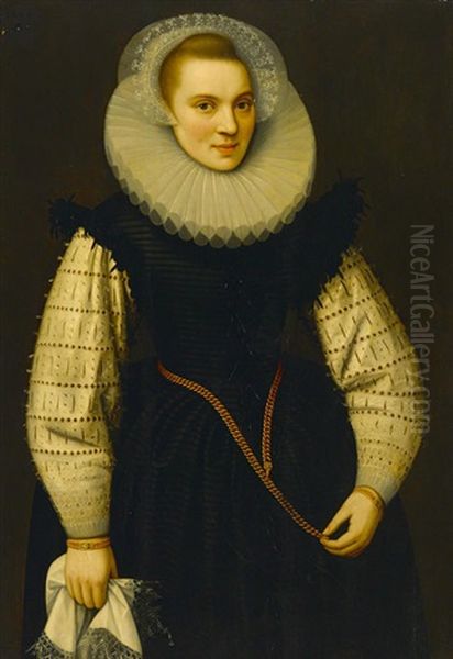 A Portrait Of A Lady, Three-quarter Length, Holding A Handkerchief In Her Right Hand, And Wearing Matching Gold Bracelets And An Ornate Gold Chain About Her Waist Oil Painting by Gortzius Geldorp