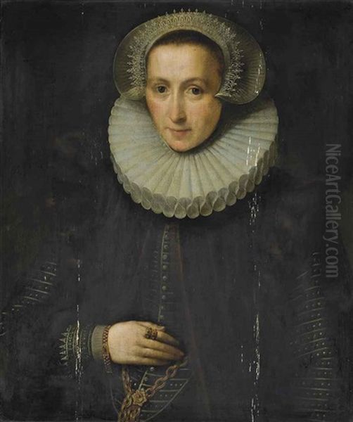 Portrait Of A Lady, Traditionally Identified As Susanna Van Vlierden (1567-1626), Half-length, In A Black Dress With A Stomacher, Wearing A Gold Chain... Oil Painting by Gortzius Geldorp