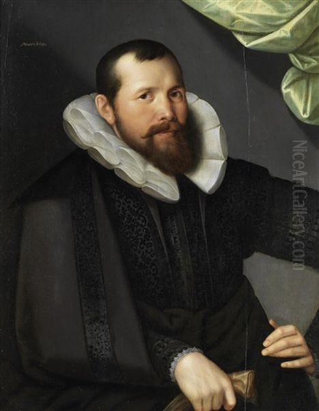 Portrait Of A Gentleman, Half-length, In Black Costume, Before A Green Curtain Oil Painting by Gortzius Geldorp