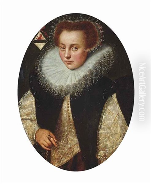 Portrait Of A Lady, Half-length, In A White And Gold Dress, With A Ruff And Lace Cap Oil Painting by Gortzius Geldorp