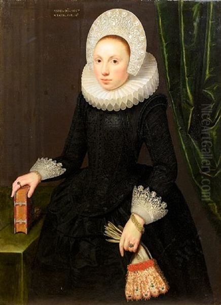 Portrait Of Susan Hoste In Black Costume With A White Ruff And A Lace Cap, Holding Gloves And Standing Before A Green Curtain Oil Painting by Gortzius Geldorp