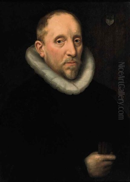 Portrait Of A Gentleman In A Black Costume With A White Collar, Holding A Pair Of Gloves Oil Painting by Gortzius Geldorp