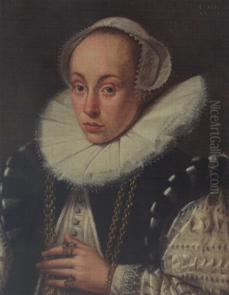 A Portrait Of A Lady, Aged 28, Wearing A Black And White Dress With A Lace Collar, A White Headdress, Gold Necklace And Jewelry Oil Painting by Gortzius Geldorp