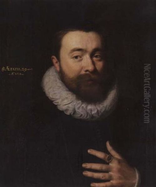 A Portrait Of A Gentleman Wearing A Black Jacket And A White Ruff Oil Painting by Gortzius Geldorp