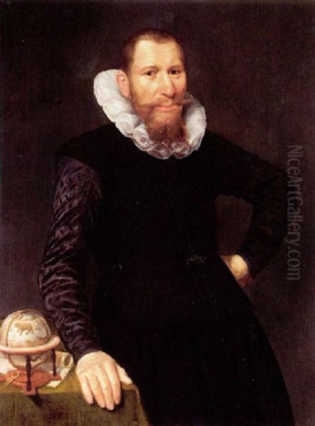 Portrait Of A Gentleman Wearing Black, Standing Beside A Table With A Celestial Globe Oil Painting by Gortzius Geldorp