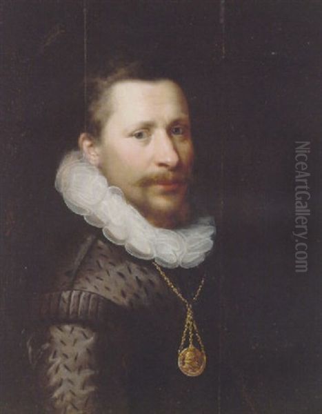 Portrait Of A Gentleman In A Grey Slashed Doublet, Ruff And A Chain by Gortzius Geldorp