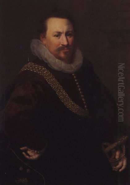 Portrait Of A Gentleman Wearing A Crimson Jacket, With A Black Mantle, Bearing A Sword At His Side Oil Painting by Gortzius Geldorp