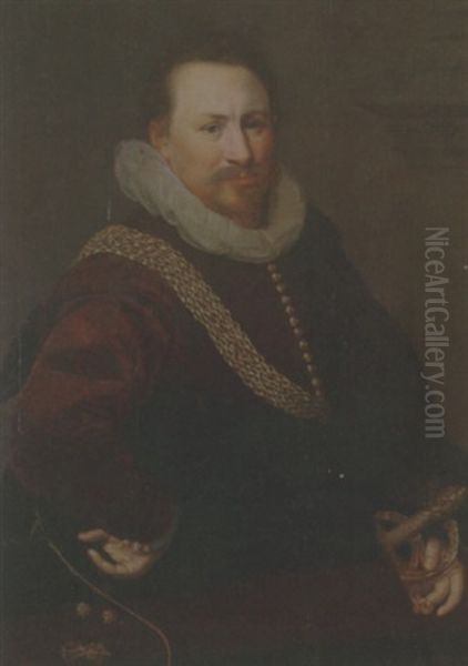 Portrait Of A Gentleman Wearing A Crimson Jacket With A Black Mantle Oil Painting by Gortzius Geldorp