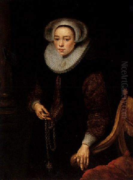 Portrait Of A Standing Girl, Holding A Perfume-bottle On A Chain, And Wearing A Ruff Oil Painting by Gortzius Geldorp