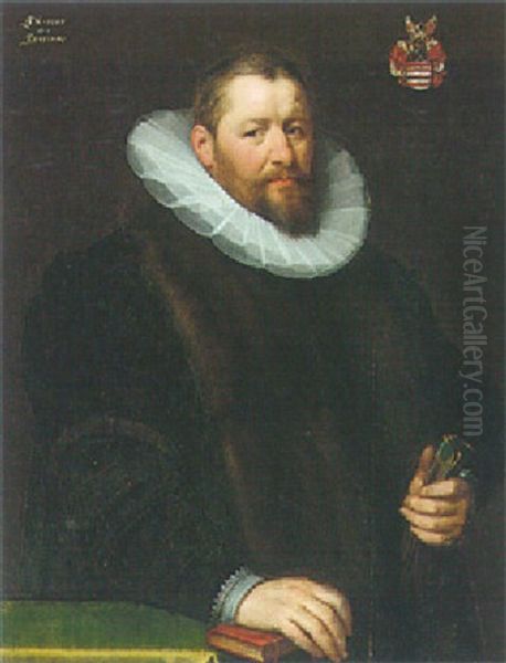 Portrait Of A Gentleman, Wearing Fur Trimmed Coat, Holding A Pair Of Gloves, And Resting His Right Hand On A Book Oil Painting by Gortzius Geldorp