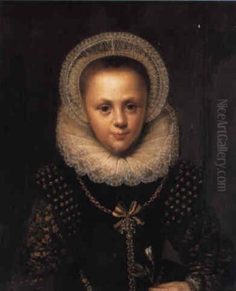 Portrait Of A Girl In A Black Dress And White Lace Ruff Holding A White Rose Oil Painting by Gortzius Geldorp