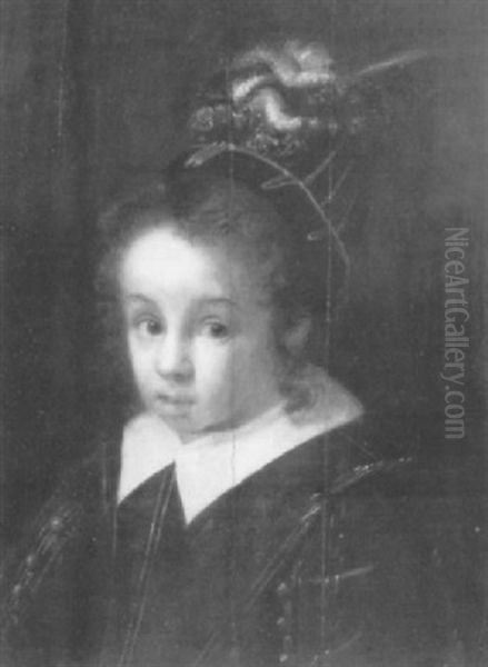 Portrait Of A Young Boy, Quarter Length, In A Dark Green    Slashed Tunic With A Lawn Collar And A Feathered Cap Oil Painting by Gortzius Geldorp