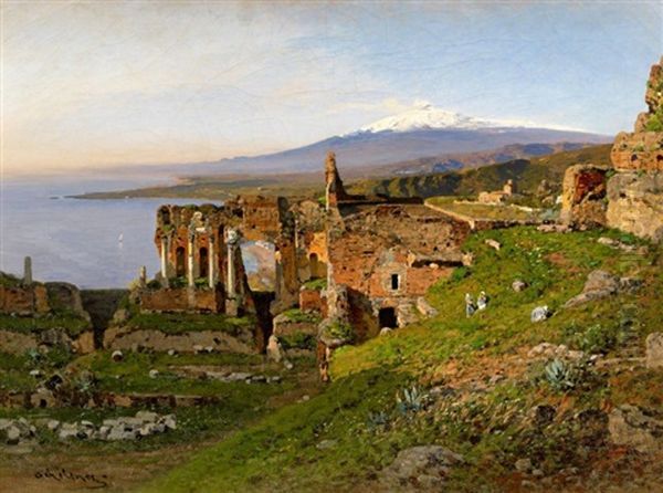 Taormina. Blick Uber Die Ruinenstadt Im Morgenlicht. Im Hintergrund Der Schneebedeckte Atna Oil Painting by Otto Geleng