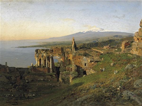 Taormina. Blick Uber Die Ruinenstadt Im Morgenlicht. Im Hintergrund Der Schneebedeckte Atna Oil Painting by Otto Geleng