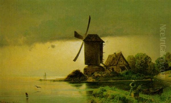 Windmuhle An Abendlichem Ufer Oil Painting by Otto Geleng