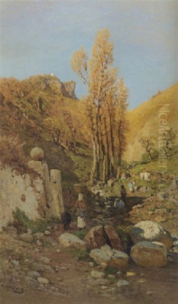 Washerwomen At Work In A Brook, Sicily Oil Painting by Otto Geleng