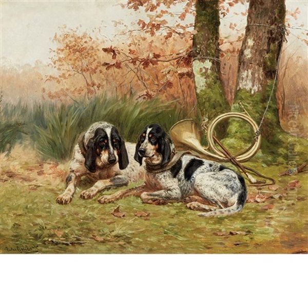 Bluetick Hounds At Rest Oil Painting by Jules Bertrand Gelibert