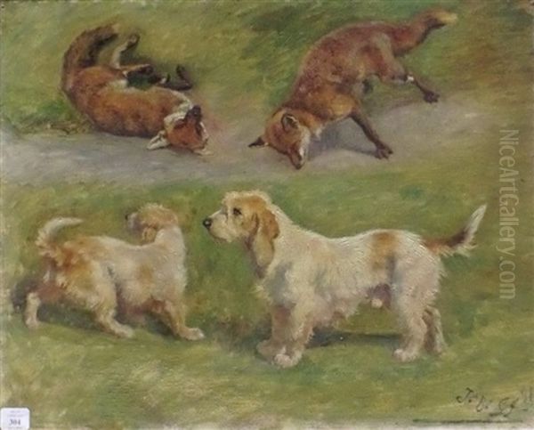 Etude De Renard Et De Chien Griffons Oil Painting by Jules Bertrand Gelibert