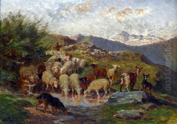 Chevres Et Boucs S'abreuvant Oil Painting by Jules Bertrand Gelibert