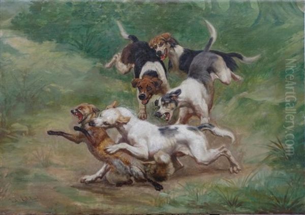 Quatre Chiens Prenant Un Renard Oil Painting by Jules Bertrand Gelibert