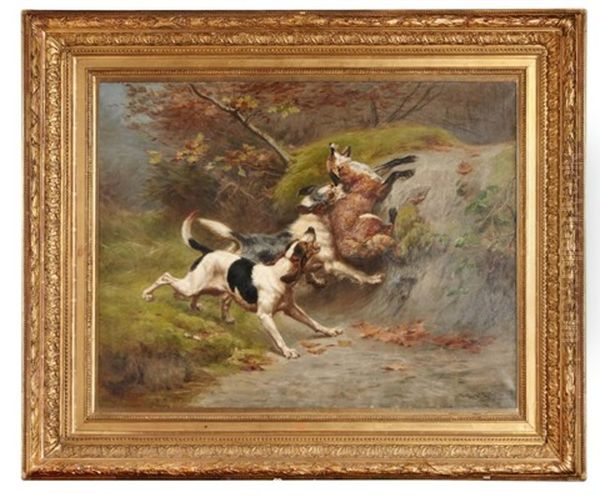 Deux Chiens Prenant Un Renard Oil Painting by Jules Bertrand Gelibert