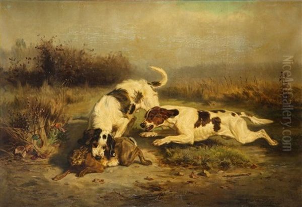 Deux Chiens Coiffant Un Lievre Oil Painting by Jules Bertrand Gelibert