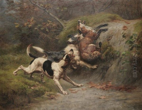 Deux Chiens Prenant Un Renard Oil Painting by Jules Bertrand Gelibert