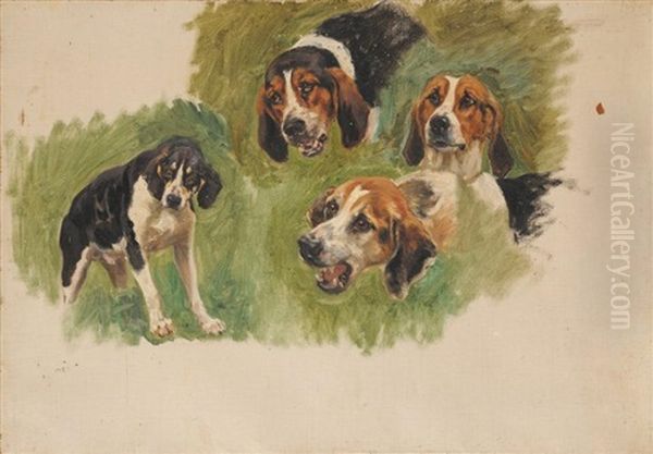 Etude De Tetes De Chiens (study) Oil Painting by Jules Bertrand Gelibert