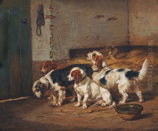 Vier Jagdhunde Im Stall Oil Painting by Jules Bertrand Gelibert