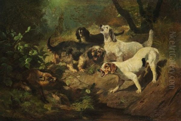 Jagdhunde, Einen Fuchs Angreifend Oil Painting by Jules Bertrand Gelibert