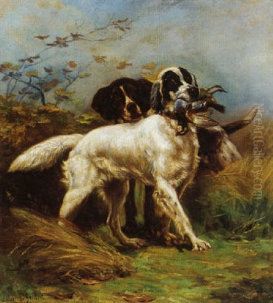 Deux Chiens Rapportant Une Perdrix Oil Painting by Jules Bertrand Gelibert