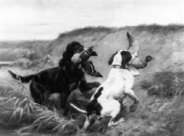 Two Setters Retrieving Game Oil Painting by Jules Bertrand Gelibert