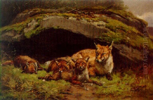 A Vixen And Cubs By Their Den Oil Painting by Jules Bertrand Gelibert